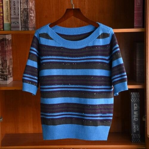 2021 Spring Autumn womens brand new high quality 92% cashmere knitting T-shirts Chic stripe Short sleeves Tee tops B667