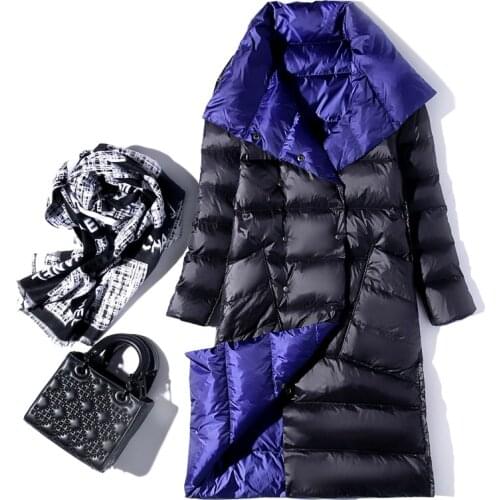 2020 Women Double Sided Down Long Jacket Winter Turtleneck White Duck Down Coat Double Breasted Warm Parkas Snow Outwear