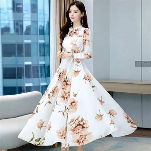 Spring & Summer Womens Printing Dress 2021 Fashion Elegant Draw Back Swing Long Sleeve Round Neck Slim Hedging Casual S-4xL