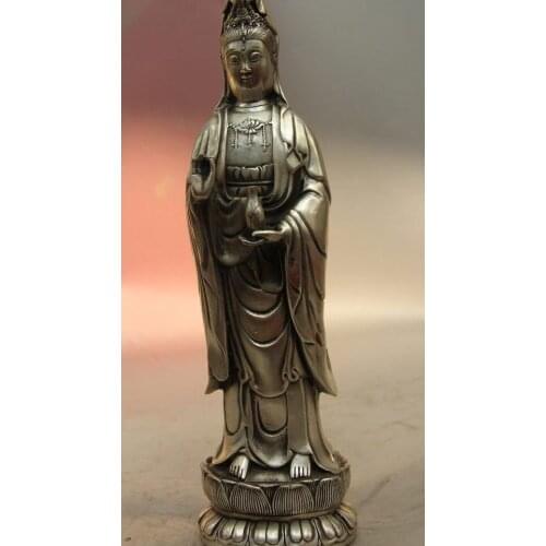 13 Tibet Buddhism White Copper Silver Guanyin Kwan-yin Bodhisattva Buddha Statue
