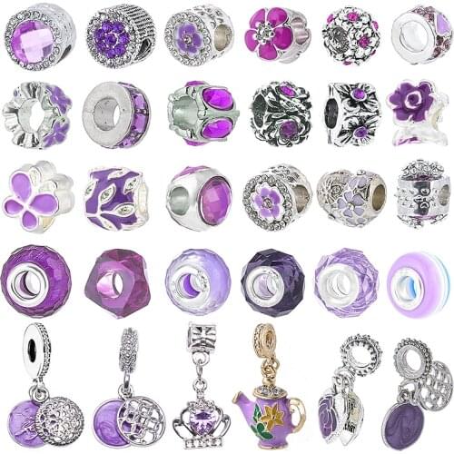 2Pcs/Lot Purple Crystal Flower Heart Sweet MOM Charms Beads Pendant Fits Original Brand Bracelet&Bangle DIY Women Jewelry Making