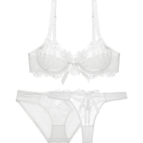 Sexy luxury see through lady lingerie set ultra-thin embroidered lace bra + panties + thong 3pcs set CYHWR