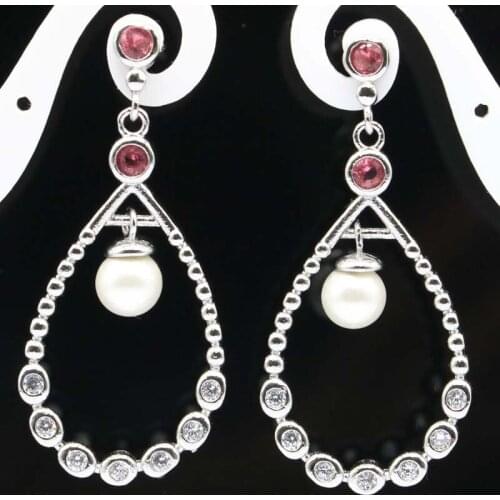 43x20mm Luxury Earrings for Women Silver Fine Jewelry Created Rhodolite Garnet White Pearl Zirconia Daily Wear Dating