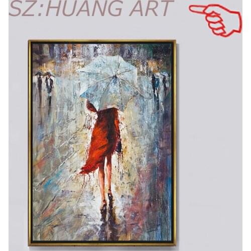 Abstract Girl Walking In the Rain With Umbrella 100% Hand Painted Oil Painting On Canvas Modern Textural Wall Art For Home Decor