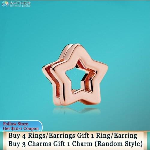 Ahthen 925 Sterling Silver Bead Rose Star Clip Charm fit Original Pandora Bracelets for Women Jewelry Making Girl Gift