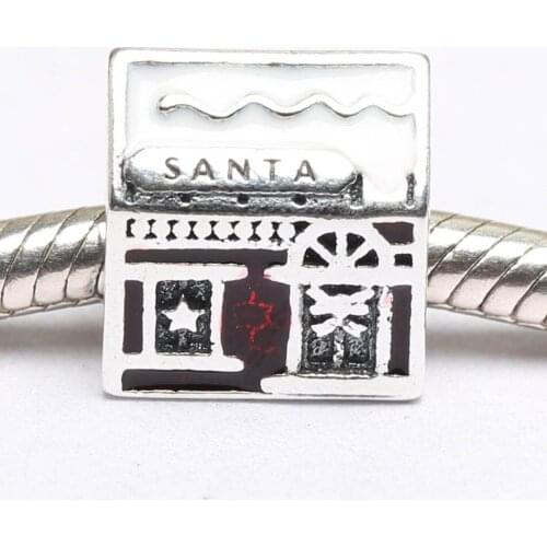 Authentic S925 Silver Bead DIY Jewelry Santas Home Charm fit Lady Bracelet Bangle White & Translucent Red Enamel