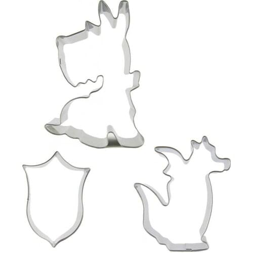 Unicorn, Shield, Fiery dragon shaped 3 piece biscuit cutting molds, baking tools, cake decorating soft candy tools