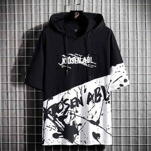 Korean Version Of The Trendy Top T-Shirt Mens Hooded Splash Ink Printing T-Shirt Youth Summer Thin Daily Casual Short-Sleeved