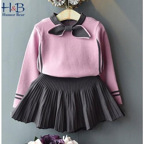 Humor Bear Autumn 2020 New Girls Clothing Sets Winter Casual Bow Long Sleeve Striped Jackets+Pleated Skirts 2Pcs Suits Kids Set
