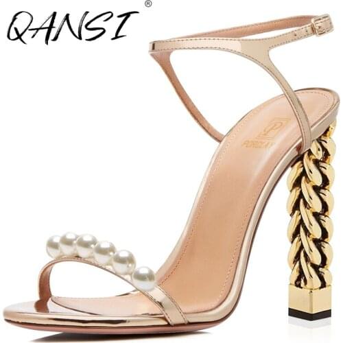 Summer Thin Belt Pearl Womens Sandals Party Dress Shoes Peep Toe Spiral Heel Woman Sandals Peep Toe Golden Square Heel Sandals