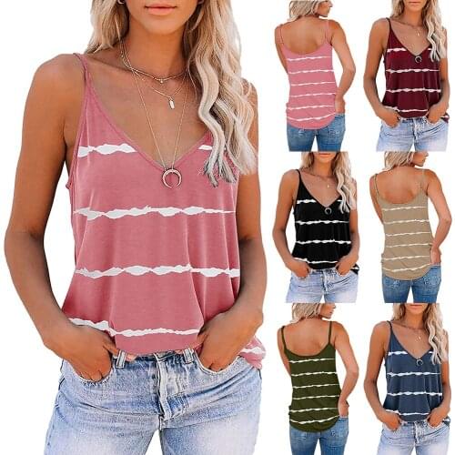 Vest 2021 Summer Casual Loose Tank Top Women Sleeveless Camisole V-Neck Striped Print Tank Tops Ladie Sling Top