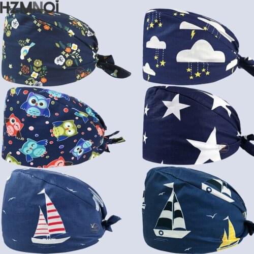 Cute Cartoon Print Ladies Nurse Cap Surgical Cap Pet Hospital Surgeon Cap Dentist Cap Beauty Salon Chef Dust-proof Scrub Cap