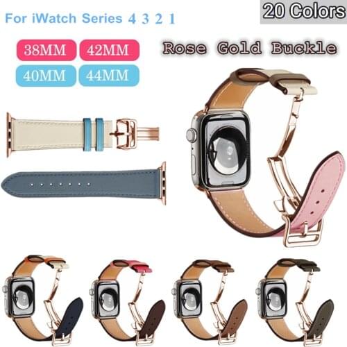 Rose Gold Buckle Strap For Apple Watch 44mm 40mm Leather Single Tour Deployment Replacement Wristband For iWatch 4 3 2 1 Band