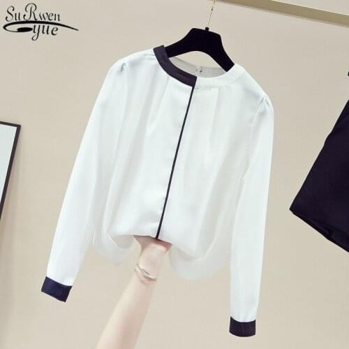 O-neck Slim Stand Collar White Long Sleeve Women Shirt Casual Women Chiffon Blouse Office Lady Style Fashion Women Blouse 11174