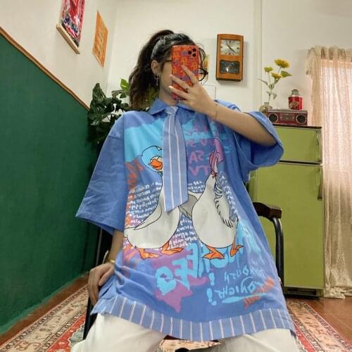 Street hip hop funny girl cartoon print BF boyfriend loose Lapel T-shirt with tie short sleeve summer tees women