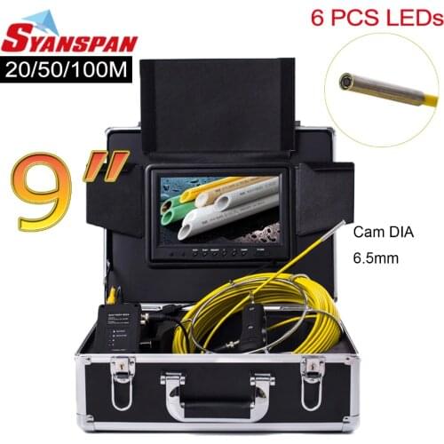 SYANSPAN 9"Monitor 20/50/100M Pipe Inspection Video Camera,IP68 1000TVL Drain Sewer Pipeline Industrial Endoscope System 6.5mm