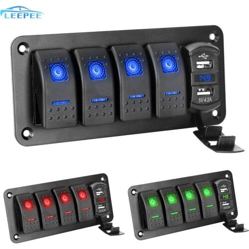 4 Gang LED Switch Panel Dual USB Port Digital Voltmeter For Car Marine Ship + Sticker 12V/24V Waterproof Toggle Rocker Switch