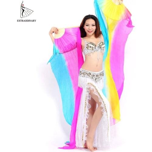 High Quality 100% Silk Stage Performance Props 1 Pair Dancing Silk Bamboo 200cm Long Silk Veils Fan Belly Dance Rainbow