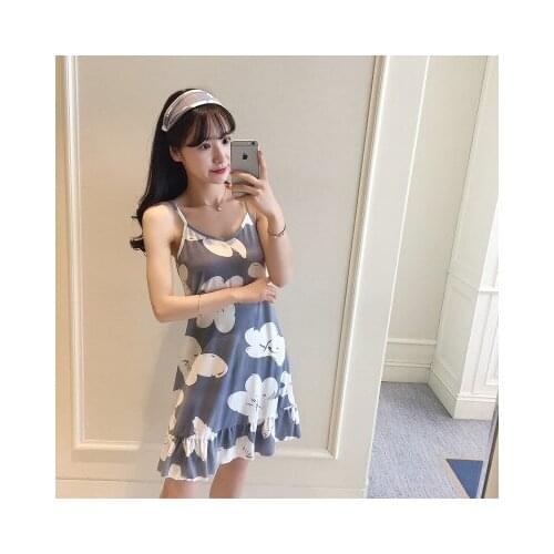 Sleepdress Girls Cotton Nightdresses Women Spaghetti Strap Sleepwear Students Nightdress Cotton Blue Flower Sexy Nightgown D1064
