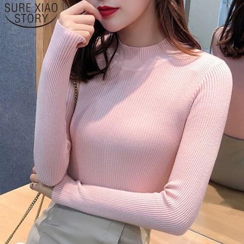 2021 Autumn Slim Long Sleeve Elasticity Knitted Women Sweaters Winter Half High Collar Pullover Solid Turtleneck Sweater 7707 50