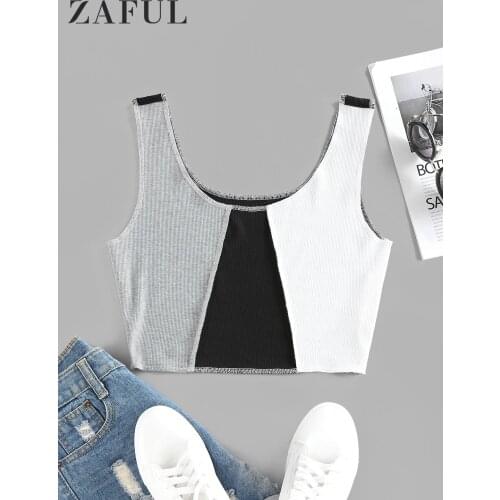 ZAFUL Colorblock Knitted Tank Top Women Summer Sleeveless Cropped Tee Sexy Girls Camis Vest Outfits Club Party Casual Streetwear