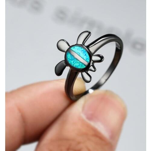 Cute Small Turtle Blue Fire Opal Stone Ring Vintage Female 14KT Black Gold Wedding Ring Promise Love Engagement Rings For Women