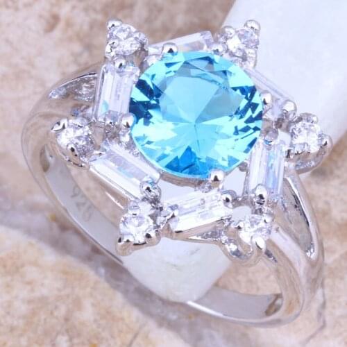 Super Sky Blue Cubic Zirconia White CZ Silver Plated Womens Jewelry Ring Size 6 / 7 / 8 / 9 R1187