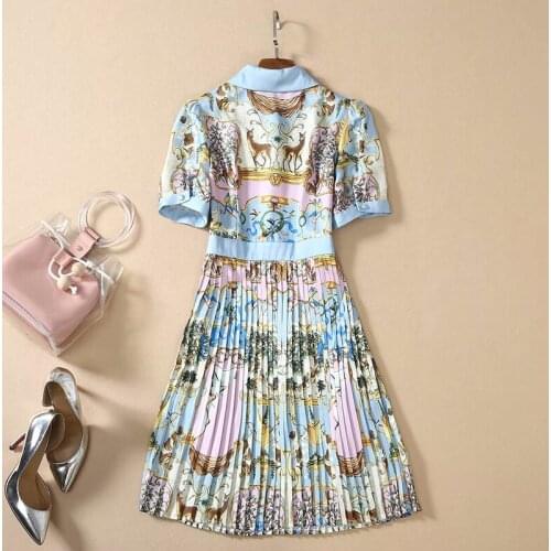 Latest High quality Paris fashion show 2021 spring womens Short Sleeve Shirt Collar Retro Art Print Pleated Dress