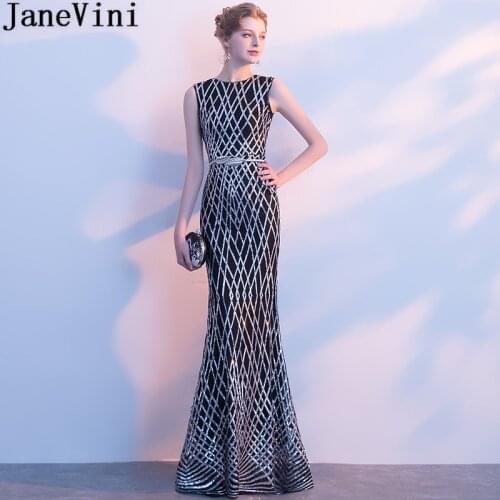 JaneVini Bling Silver Sequin Evening Dress With Sleeves Arabic Dresses 2018 Floor Length Sash Mermaid Long Godmother Party Gowns