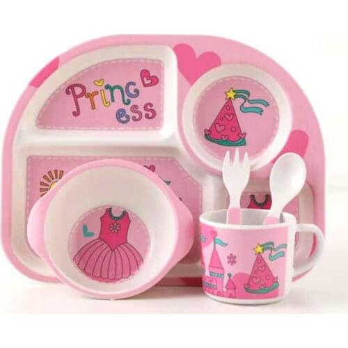 5pcs/set Baby Dish Training Tableware Children Cute Cartoon Feeding Food Dishes Kids Dinnerware with Bowl Cup Spoon Fork Plate