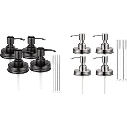 8Pack Mason Jar Soap Dispenser Lids With Pumps,Lotion Soap Dispenser Lids For 16 Oz 4 Brushes Included Black & Silver