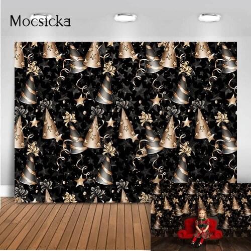 Kids Birthday Party Decoration Photography Background Black Stage Backdrop Birthday hat Cake Smash Photo Booth Background Prop