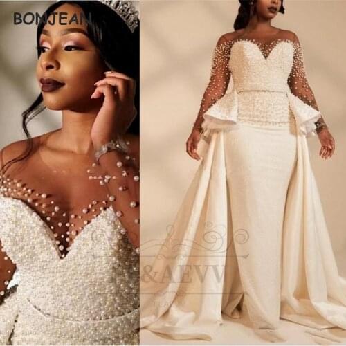 2021 Ivory Wedding Dresses Long with Pearls Detachable Train Zipper Back South African Bridal Gowns Long Sleeves abiti da sposa