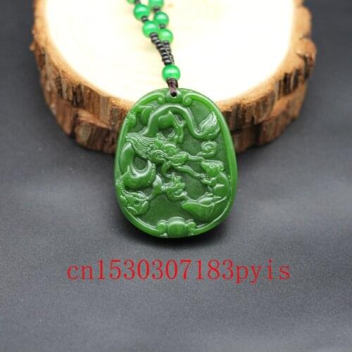Dragon Natural Green Jade Mouse Pendant Necklace Beads Chinese Hand-Carved Charm Jewelry Fashion Amulet for Men Women Gifts