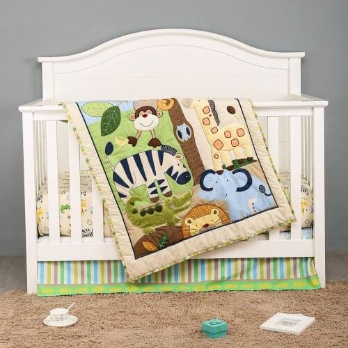 3pcs Zoo Theme Cotton Baby Cot Bedding Set Newborn Cartoon Crib Bedding Detachable ,Fitted Sheet, Crib Quilt, Dust Ruffle