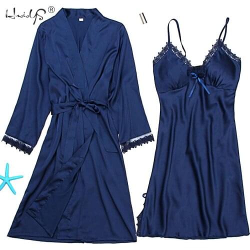 Sexy Women Robe & Gown Sets Lace Bathrobe + Bow Night Dress Two Pieces Sleepwear Womens Sleep Set Faux Silk Robe Femme Linge