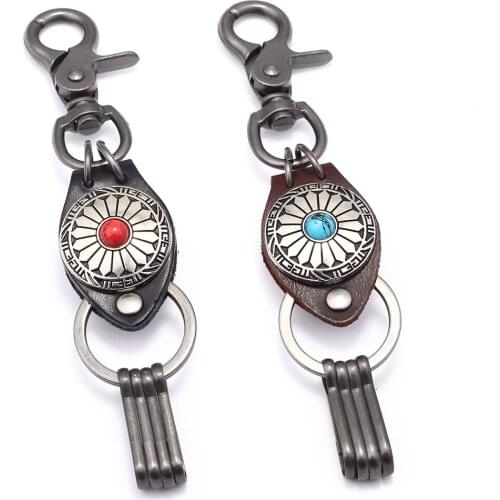 Beautiful Key Ring Popular Women Natural Stone Inlay Keychain Fashion Ancient Silver Boho Jewelry Enthnic Design Accessories Hot