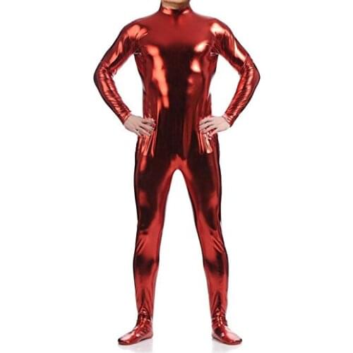 LZCMsoft Men Long Sleeve Shiny Metallic Zentai Bodysuit without Hood Adult Zip High Neck Footed Unitard Boys Performers Costume