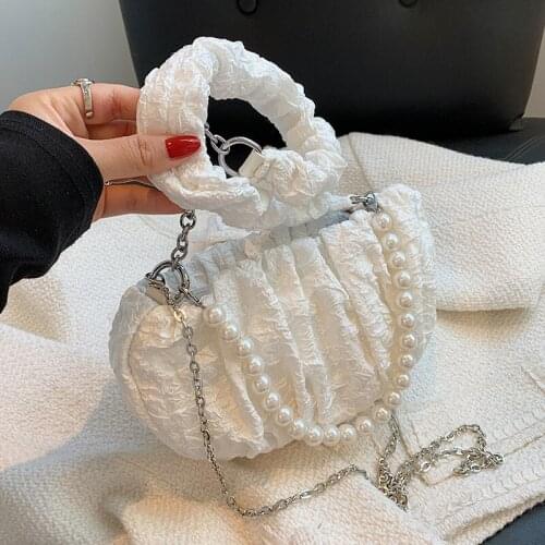 Small Sweet Crossbody Bag with Short Pearl Belt Lady Handbag and Purses Casual Shopper Chain Shoulder Bag White Black Designer