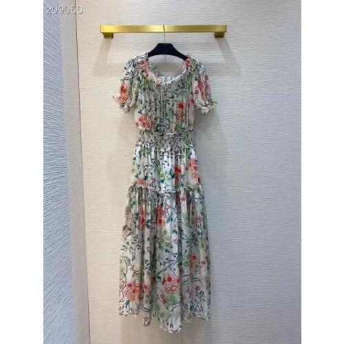 Runway Fashion Women Dress 2021 Summer New Elegant Dress Flower Print Short Sleeves Waist Elastic Holiday Party Long Dress