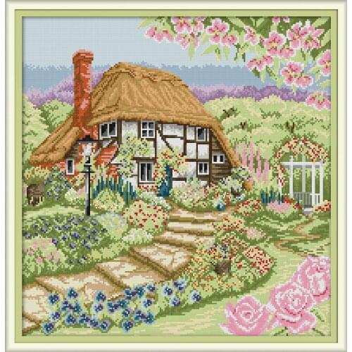 NKF Rose Cottage Scenic Cross Stitch Kits 11CT 14CT Chinese Cross Stitch Pattern Embroidery Needlework Set for Home Decor