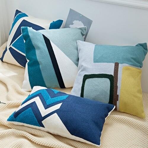 Home Decor Embroidery Geometric Pillow Cover Navy Blue Cotton Canvas Cushion Cover Decorative Pillow Case Pillow Sham 45x45cm