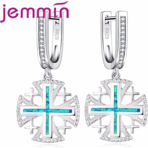 New Fashion Design Women Cross Earrings Authentic 925 Sterling Silver Blue Opal Stone Eardrop for Women Wedding Party