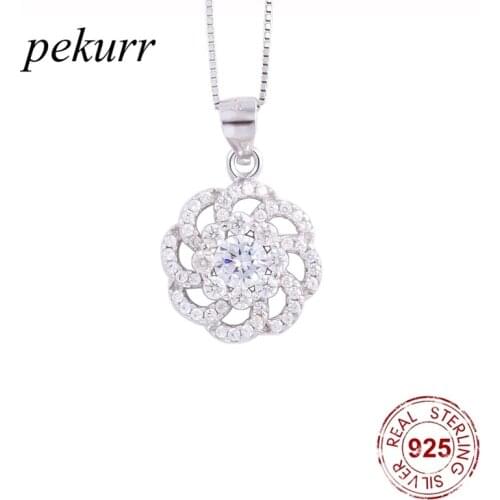 Pekurr 925 Sterling Silver Luxury Crystal Round Flower Necklaces For Women Bohemian Lotus Flower Pendants Fashion Jewelry