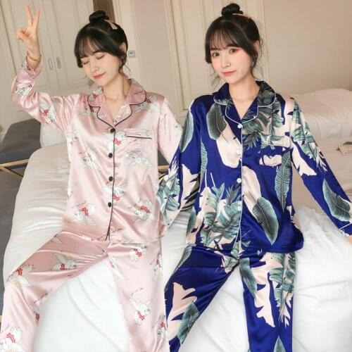 2020 Autumn Long Sleeve Silk Satin Print Pajamas Sets for Women Korean Sleepwear Suit Pyjamas Homewear Pijama Mujer Home Clothes
