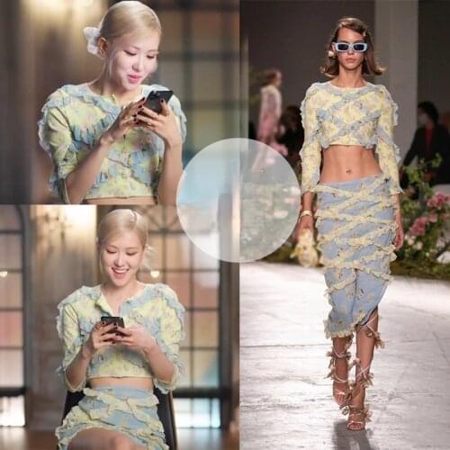 Kpop Korean Celebrity ROSE French Elegant Ruffled Cardigan Floral Shirts Blouse Tops+Sexy Slim High Waist Mini Skirts Women Sets