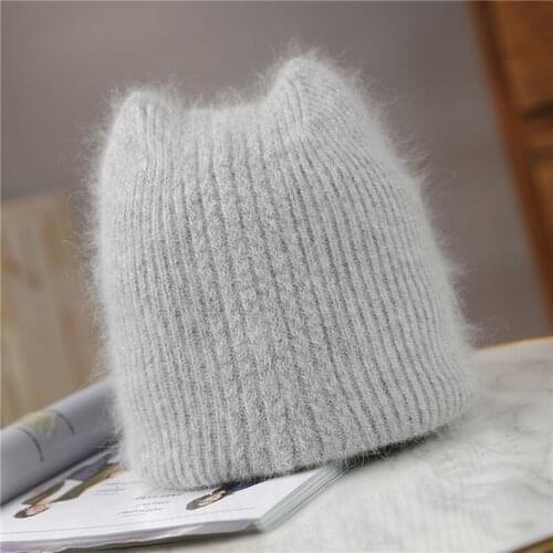 Girl Sweet Rabbit Fur Ear Beanie Hat Women Winter Solid Color Cap Quality Warm Solid Color Knitting Cap For Female