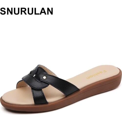 SNURULAN Summer Women New Style Slippers Fashion Breathable Flats Slides Cute Leather Flip Flops Comfortable Wedge Sandals Ladie