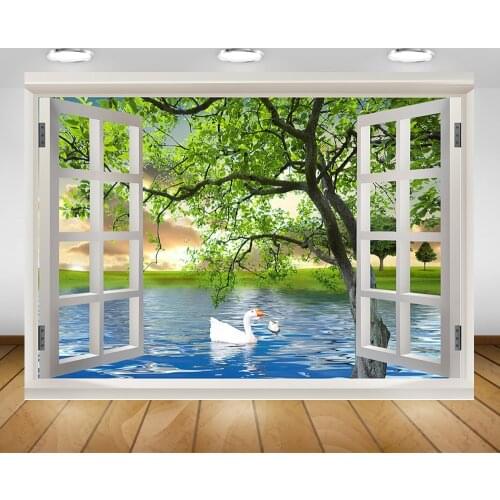 Spring Scenery Backdrop for Photography Green Trees Lake Window Background Goose Sunset Backdrops for Photo Studio Photocall