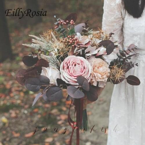 EillyRosia Chocolate Brown Retro Bridal Wedding Holding Flower Simulation Bouquet Vintage Country Wedding Travel Photography